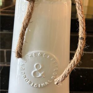 Vintage Genuine Crafted Original White Glass Jar Canister Vase  w/ Rope Handle